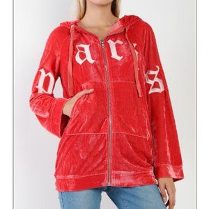 Rust Graphic Letters Zip Up Hoodie Drawstring Sweater